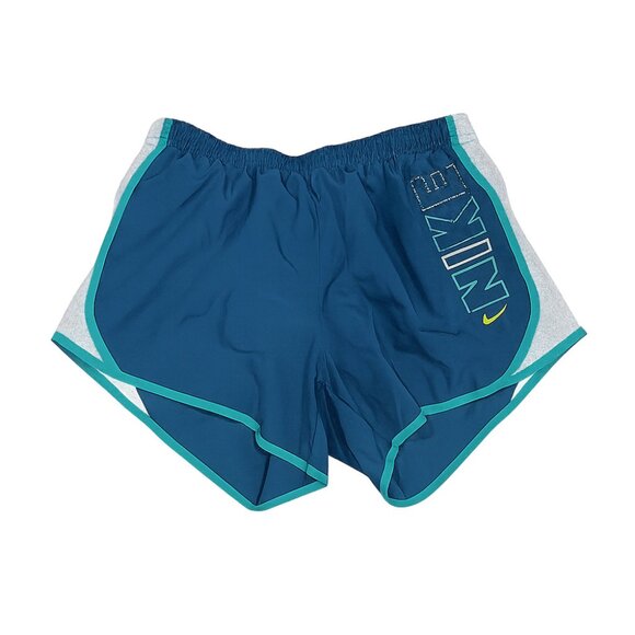 Nike Girl's Tempo Running Shorts Teal Blue with Logo Trim - Picture 2 of 3